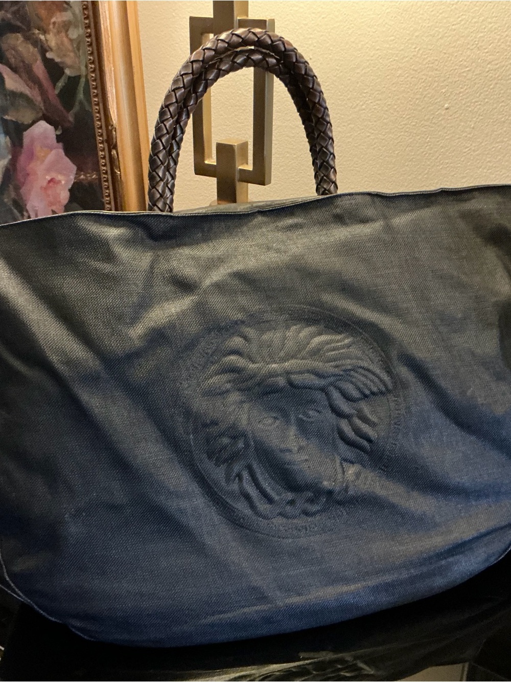 Versace Couture Braided leather Handle Fabric Black Tote w la Greca Medallion